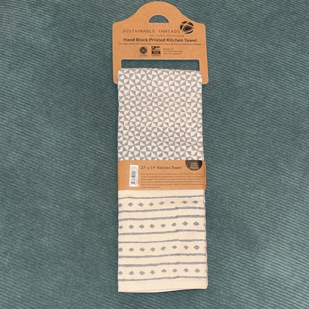 Sustainable Threads Block Hand Printed Feast Kitchen Towel Slate grey new tags